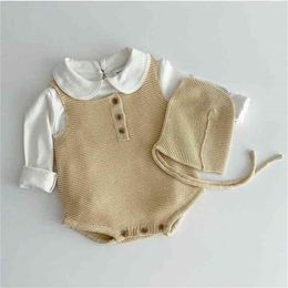 Herfst Baby Jongens Meisjes Gebreide Snoep Kleur Mouwloze Bodysuit Met Caps Zuigelingen Katoenen Warme Coveralls 210508