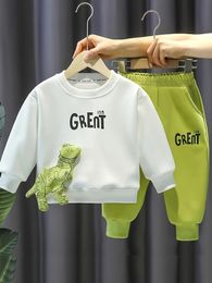 Automne bébé fille garçon vêtements ensemble enfants dessin animé dinosaure pull pull haut et pantalon 2 pièces costume lettre tenue survêtement 240218