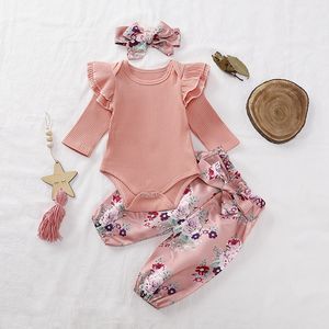 Herfst Baby Girl Set Long Flare Sleeve Tops Floral Broek Hoofdband Outfits Kleding voor Baby Meisjes 210315