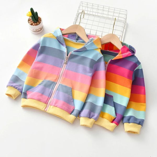 Automne bébé filles sweat à capuche veste enfants pull chemise arc-en-ciel rayé à manches longues T-shirt enfants hauts sweat-shirt à glissière manteau enfant 240301