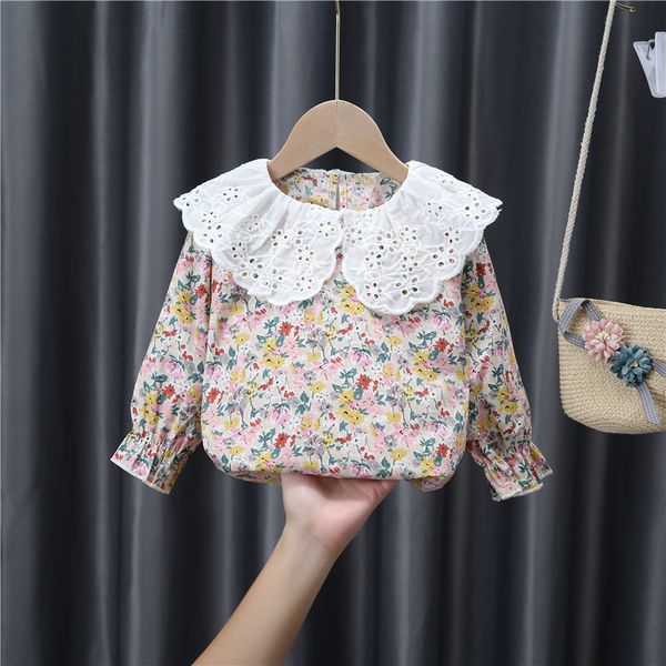 Blusa de otoño para bebés y niños, camisetas de manga larga para niñas, camisas con cuello de volantes de encaje, blusas florales de manga larga 20211228 H1