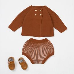 Herfst baby gebreide trui baby meisje jongen lantaarn shorts lange mouw vest 2-delige set 210515