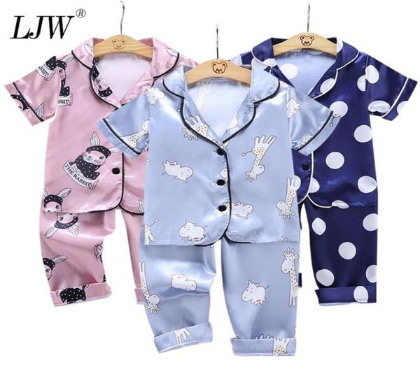 Otoño traje de bebé ropa para niños verano niños pequeños niñas satén de seda de hielo dibujos animados conejo punto tops pantalones conjunto para niños hogar Wear1271101