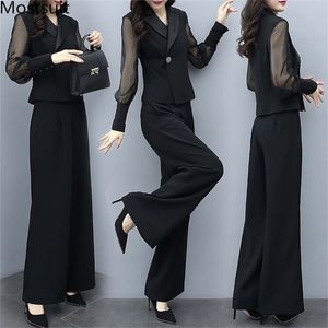 Herfst Black Office Tweedelige sets Outfits Dames Plus Size Lange Mouwen Tops en Wide Pen Pants Korean Elegant Matching Suit 210513