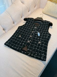 Gilet en Tweed à carreaux noir, sans manches, col en v, Double poches, hauts à simple boutonnage, automne, A3G096609