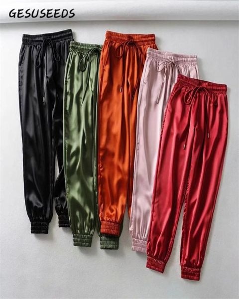 Autumn Negro Satin Joggers Mujeres Pantalones de cintura alta pantalones de sudor rosa pantalones de satén verde Mujeres de chándal Invierno 20191893859