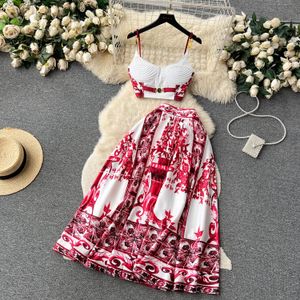 Nieuw zomerstrand boho vakantievakantie dames tweedelig jurk sets sexy strapless mode dots print kort chiffon shirt en hoge taille zeemeermin lange rok set 2024