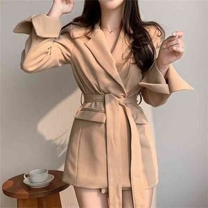 Herfst blazers vrouwen jas Koreaanse werk slijtage formele slanke elegante ol pak kraag jas vrouwelijke bovenkleding met riem 210603