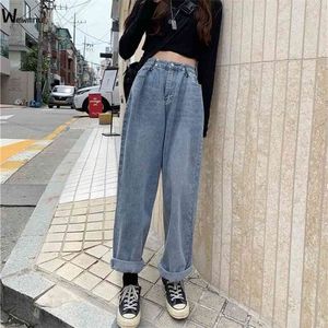 Otoño blanqueado casual novio denim pantalones de pierna ancha de gran tamaño de cintura alta jean streetwear suelta vintage mujer jeans largos 210809