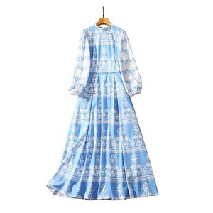 Herfstblauwe jurk met paisleyprint en panelen en lantaarnmouwen, 4/5 mouwen, ronde hals, midi, casual jurken A3Q191340, grote maten XXL