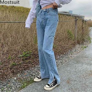 Herfst blauw gescheurde hoge taille denim jeans broek vrouwen casual mode full-length splits rechte broek femme 210518