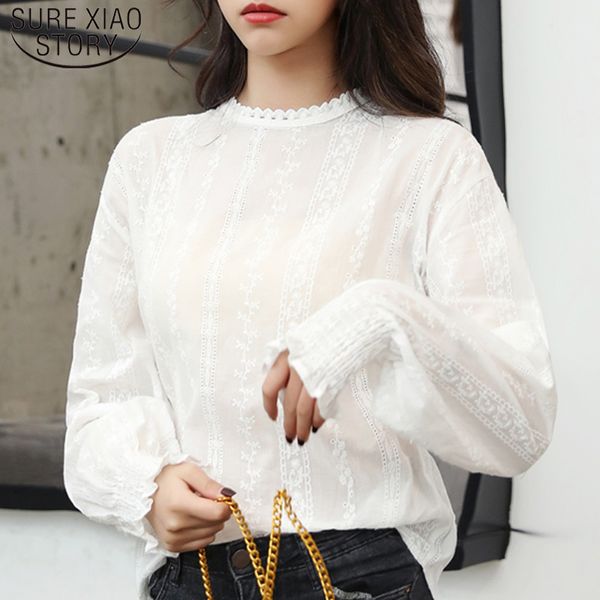 Automne Blusas Mujer De Moda coréen dentelle femmes Blouses solide blanc élégant dames hauts doux Vintage grande taille 6947 50 210510
