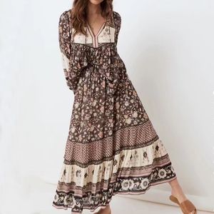 Autumn Boheemian Praai Up Tassel Floral Shirt Boho Dames Elastische taille Maxi Lange rokken lange mouwen blouse vakantie 2 stuks set