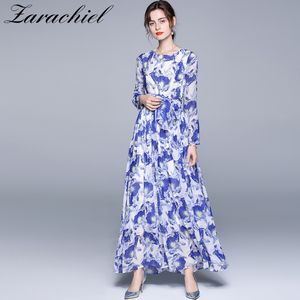 Herfst Boheemse vakantie elegante chiffon vrouwen lange mouwen blauw en wit porselein bedrukte riem strand maxi jurk 210416