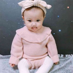 Automne né tricoté barboteuse à volants à manches longues né vêtements infantile bébé combinaisons fille dans l'ensemble 210417