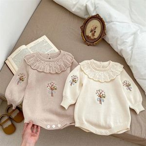 Automne né tricot barboteuse filles Lotus col body bébé broder combinaison enfants à manches longues infantile vêtements amples 240110