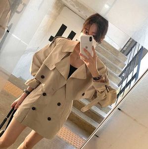 Herfst Casual Korte Kaki Double Breasted Trenchcoat Revers Lange Mouwen Tops Mode Sets Slanke Hoge Taille Rokken Koreaanse Chic 210610