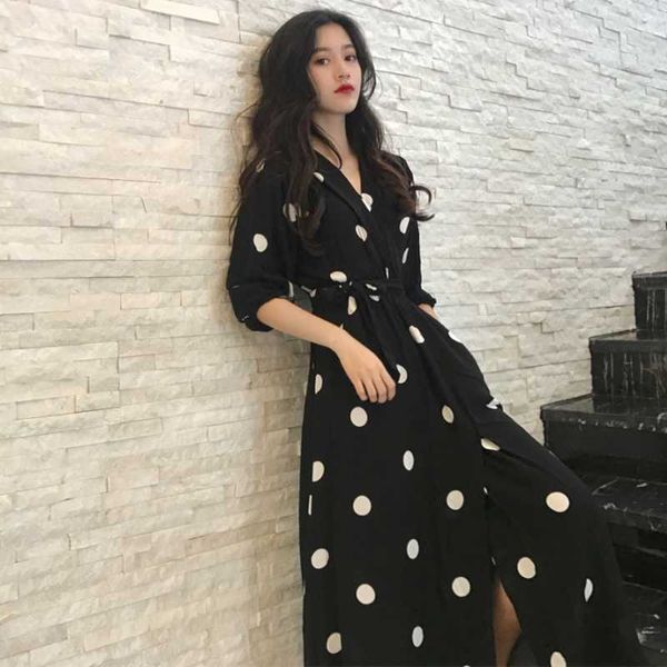 Automne Chic Femmes Robe Noire Vintage Cercle Dot Slim Col V Lanterne Demi Manches Tunique En Mousseline De Soie Robes Longues Élégant Robe 210526