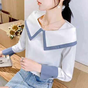 Herfst Chiffon Shirt Dames Blouse Korean-Style Horizontal Hals Office Blusas Femininas Elegante 92A 210420
