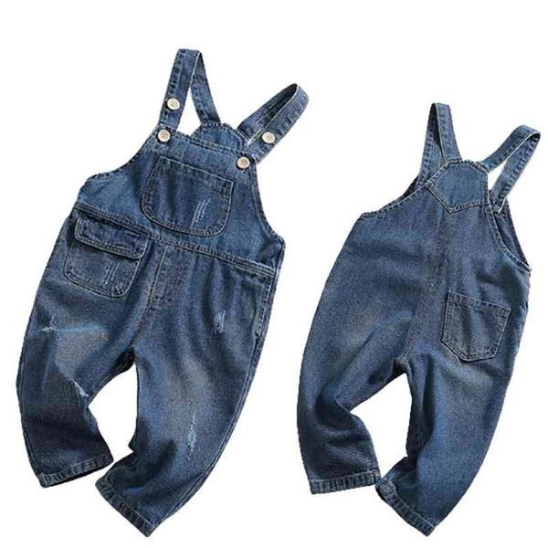 Automne Enfants Enfants Petites Filles Poche Garçons Jeans Coton Denim Bébé Fille Combinaison Casual Lâche Salopette 210417