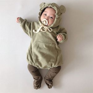 Herfst Kinderkleding Baby Bodysuits Kid Jongens Bear Ears Hooded Jumpsuit Katoen Lange Mouw Meisje Bodysuit 220211