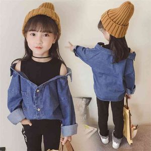 Herfst kinderkleding voor meisjes Europese en Amerikaanse mode-shirt met lange mouwen Denim Fake Twee jassen 210625