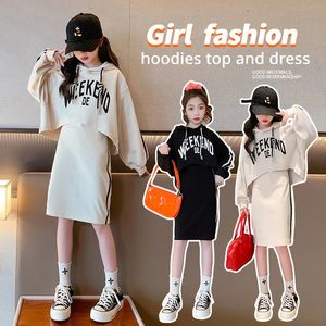 Autumn Childrens Girls Set Junior Letter Hooded pullover Top en Side Stripe Mouwleveless Dress Suite Teenage 2pcs Outfits 240401