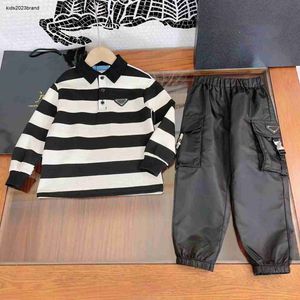 Ropa de otoño para niño, moda para niños, chándales, talla 100-150 CM, 2 uds., polo a rayas blancas y negras y pantalones informales, Sep15