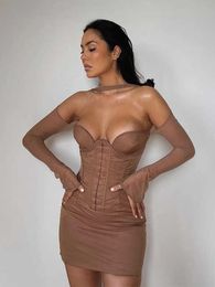 Automne vêtements femmes Chic maille à manches longues moulante Mini robes élégante fête marron tenues Robe Robe de boîte de nuit