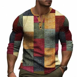 Automne Color Block Patchwork 3D Imprimer Henley Chemises Hommes Fi Vintage Butt-Down Lg Manches T-shirt Homme Tees Tops Vêtements U5y1 #