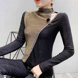 T-shirts de bloc de couleur d'automne Femmes Bling Patchwork Bling Tops extensible Camisea Mujer T99291 210421 Camiseta Mujer T99291