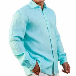 Otoño Cott Camisas de lino para hombres Casual LG Camisas con mangas Blusas Sólido Cuello vuelto Camisas de playa formales Ropa masculina h0wH #