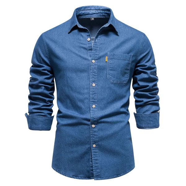 Chemise de jean en coton en automne Hommes à manches longues Couleur unie décontractée Slim Fit Mens Mens Designer Vêtements Cowboy Shirts For Men 240402