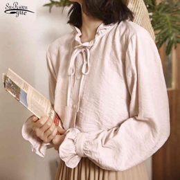 Automne Coton Femmes Blouses Coréen Bouton Cardigan Lanterne À Manches Longues Dames Tops Vintage Chemises Solides Blusas 10472 210508
