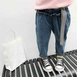 Herfst schattige meisjes mode match jeans met plaid riem kinderen katoen casual denim broek 1-5Y 210508