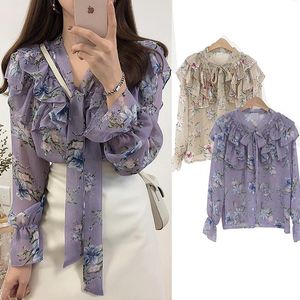 Automne Mignon Doux Bow Tie Tops Patchwork Volants Femmes Blouses Chemises Femmes Filles Violet Floral Vintage Top Chemisier En Mousseline De Soie Femme