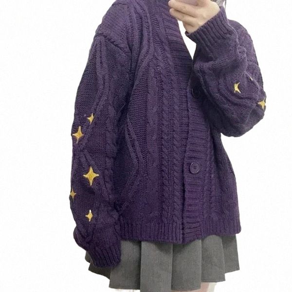 Automne Cardigan violet foncé Femmes Y2k Speak Star Now Pulls brodés Cardigans tricotés en vrac Tay Col en V Lor Pull Manteaux Q65p #