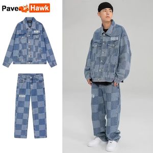 Autumn denim set mannen dames plaid patchwork rapel denim jas wijd been rechte jeans heren casual los tweedelig pak unisex 240412