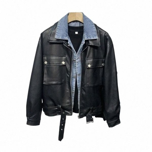 Automne Denim Couture Manteaux En Cuir Mâle Col Trundown Butts Zippper Vestes PU Veste En Cuir Faux Manteau Deux Pièces Hommes X5Im #