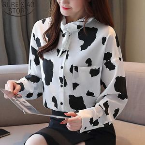 Blusas holgadas de diseño de otoño para mujer, camisa de manga larga con estampado blanco, camisas de gasa para mujer, Tops de talla grande para mujer 6452 50 210527