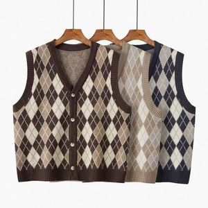 Herfst Diamant Gebreid Vest Voor Vrouwen Koreaanse Losse V-hals Vest Retro Mouwloze Trui Jas Trendy