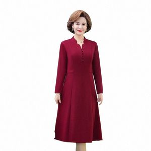 Automne Dr Soild Femmes Party Party Dres Mère Élégant Noble Moyen-âge Femme Vestides Plus Taille V Cou Bureau Vêtements M1kp #