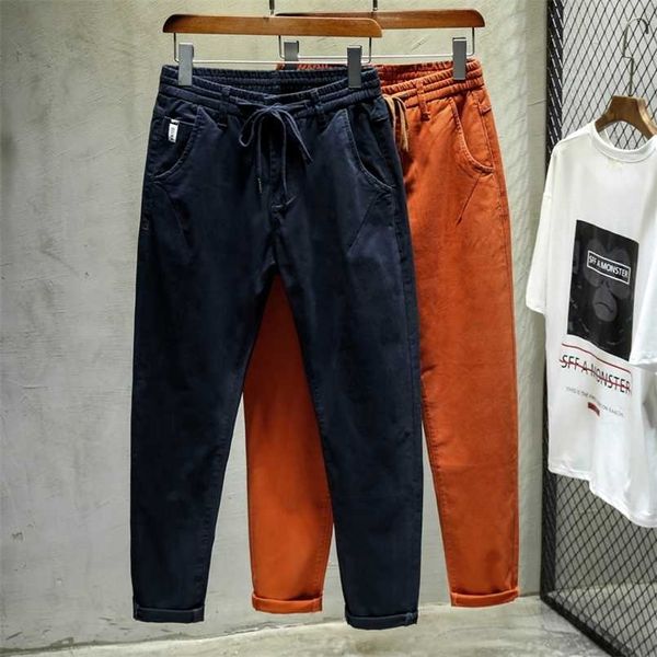Otoño cordón elástico cintura hombres Harem pantalón azul marino naranja pantalones moda pies Casual pantalón Hip Hop Cargo pantalones Streetwear 211201