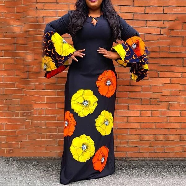 Robe d'automne à imprimé Floral noir, manches longues évasées, col rond, décontractée, africaine, hiver, grande taille, robes pour femmes 4xl 5xl 6xl Maxi