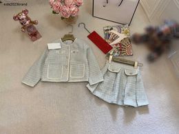 Robe d'automne pour filles, taille 100-150 CM, 2 pièces, bouton diamant, col rond, veste à manches longues et jupe courte, Sep20