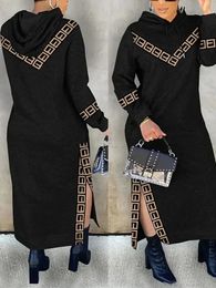 Robes d'automne pour femmes Leopard Print Colorblock Slit Hooded Sweethirt Vestide de Mujer MIDI ROBE FEMME 240422