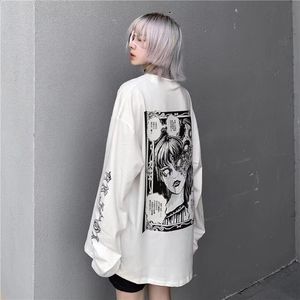 Herfst vroege top Koreaanse versie dames haruku wind rouwafdeling donkere printing losse casual achtergrond lange mouw witte t-shirt 210406