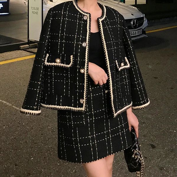 Automne élégant noir Plaid laine Tweed veste manteau Mini jupe ensemble bureau élégant femmes deux pièces ensemble tenues survêtement 240220