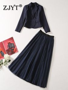 Otoño elegante Blazer y falda De malla traje De 2 piezas para mujer 2023 Office Lady Party Outfit Conjuntos De Falda Vestidos azul