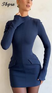 Automne élégant bleu foncé tricoté Mini Robe Sexy solide poche à manches longues robes moulantes Chic dame fête Club Robe robes 240111